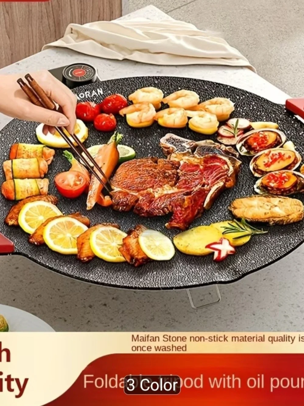 Nonstick Electric Griddle Pan with Red Handles - Black Speckled
